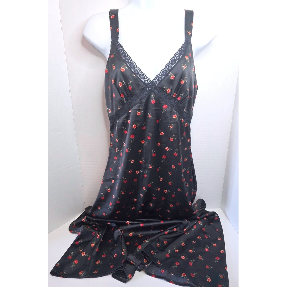 Altar'd State Black Floral Satin Lingerie Slip Dress Lace Trim Rose Print SZ SM